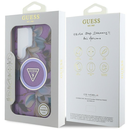 Guess Glitter Flowers Triangle Buttons MagSafe - Etui do Samsung Galaxy S25 Ultra (fioletowy) (GUHMS25LHFLPEDU)