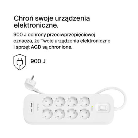 Belkin Listwa antyprzepięciowa 900 J, 8 gniazd Schuko, USB-C PD 18W, USB-A, biała (SRB003VF2M-V2)