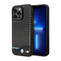 BMW Leather Carbon Blue Line MagSafe - Etui iPhone 14 Pro (czarny) (BMHMP14L22NBCK)