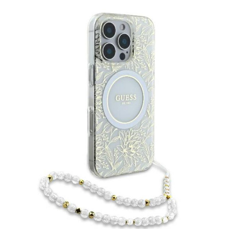 Guess IML Flowers Allover Electro With Pearl Strap MagSafe - Etui iPhone 16 Pro (biały) (GUHMP16LHCPOFPH)