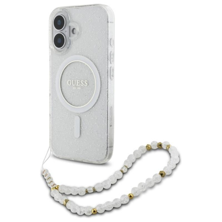 Guess IML Glitter With Pearl Strap MagSafe - Etui iPhone 16 Plus (przezroczysty) (GUHMP16MHGCRELST)