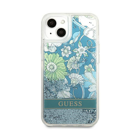 Guess Liquid Glitter Flower – Etui iPhone 13 mini (niebieski/zielony) (GUHCP13SLFLSN)
