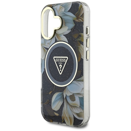 Guess Glitter Flowers Triangle Buttons MagSafe - Etui do iPhone 16 (czarny) (GUHMP16SHFLPEDK)