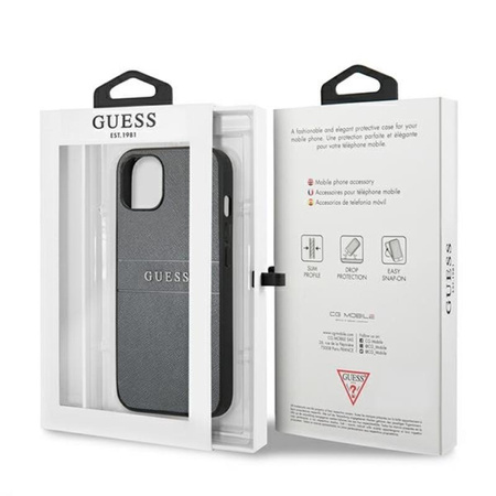 Guess Saffiano Metal Logo Stripes - Etui iPhone 13 mini (szary) (GUHCP13SPSASBGR)