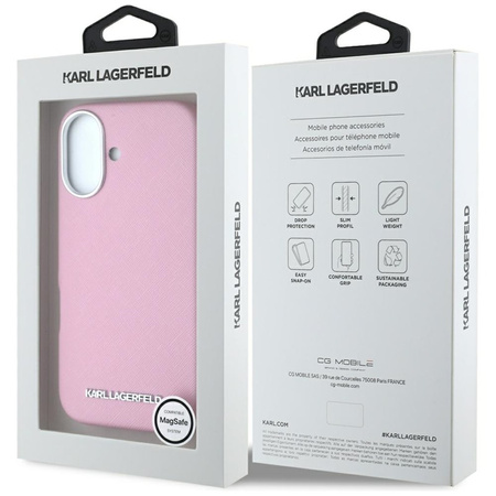 Karl Lagerfeld Saffiano Full Wrapped Elongated Metal Logo MagSafe - Etui do iPhone 16 (różowy) (KLHMP16SPSAFWMCP)