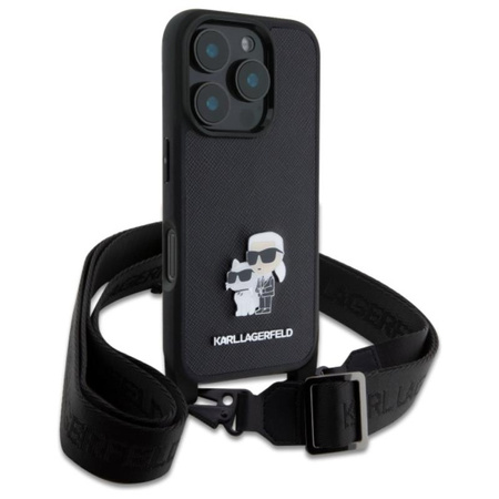 Karl Lagerfeld Saffiano Karl & Choupette Metal Pin CBDY Strap - Etui iPhone 16 Pro (czarny) (KLHCP16LSAKCPBK)