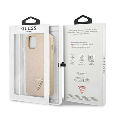 Guess Saffiano Triangle Logo Case - Etui iPhone 14 Plus (beżowy) (GUHCP14MPSATLE)