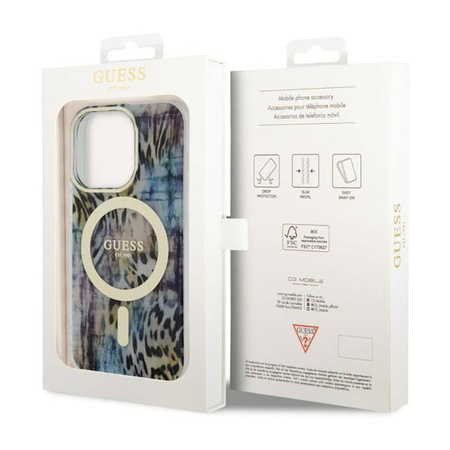 Guess Leopard MagSafe - Etui iPhone 14 Pro Max (Niebieski) (GUHMP14XHLEOPWB)