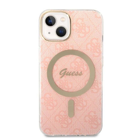 Guess Bundle Pack MagSafe 4G - Zestaw etui + ładowarka MagSafe iPhone 14 Plus (różowy/złoty) (GUBPP14MH4EACSP)