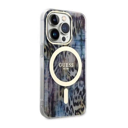 Guess Leopard MagSafe - Etui iPhone 14 Pro (Niebieski) (GUHMP14LHLEOPWB)