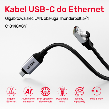 Unitek Kabel Ethernet USB C RJ-45 LAN, przewód sieciowy, 2m (C18148AGY01-2M)