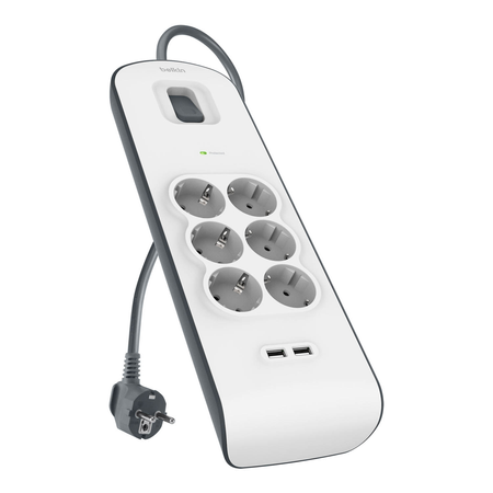 Belkin Listwa zasilająca przeciwprzepięciowa 650J, 6 gniazd Schuko, 2x USB-A, 2m (BSV604VF2M-V2)
