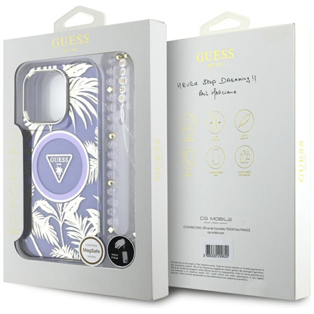 Guess Palm Trees Triangle Pearl Strap MagSafe - Etui do iPhone 16 Pro Max (fioletowy) (GUHMP16XHPCTPLSU)
