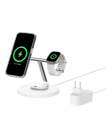 Belkin Stacja do ładowania bezprzewodowego na iPhone, Apple Watch, AirPods, Qi2 15W, biała (WIZ032KQWH)