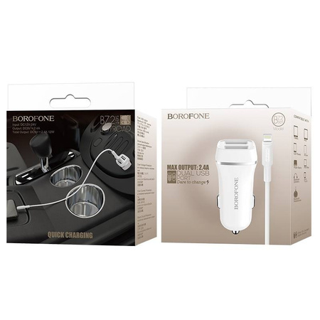 Borofone - ładowarka samochodowa 2x USB kabel Lightning w zestawie, biały (BFO-BZ2-L-W)