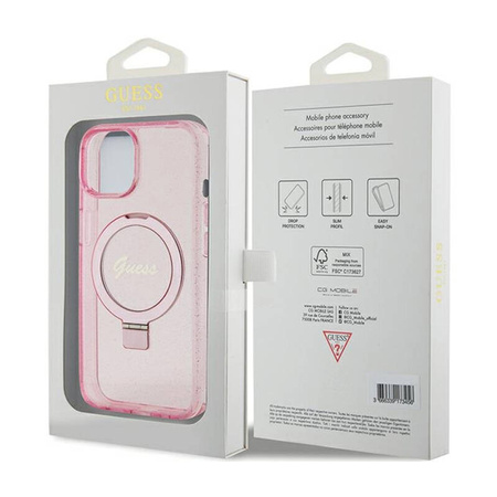 Guess Ring Stand Script Glitter MagSafe - Etui iPhone 15 Plus (różowy) (GUHMP15MHRSGSP)