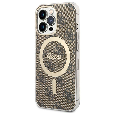 Guess Bundle Pack MagSafe 4G - Zestaw etui + ładowarka MagSafe iPhone 13 Pro (brązowy/złoty) (GUBPP13LH4EACSW)