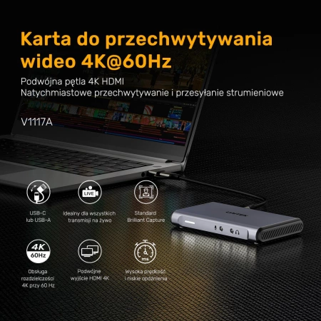 4K@60Hz Video Capture Card Karta do przechwytywania video - szara(V1177AGY01)