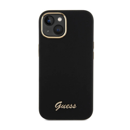 Guess Silicone Script Metal Logo & Frame - Etui iPhone 15 (czarny) (GUHCP15SSMBSLK)