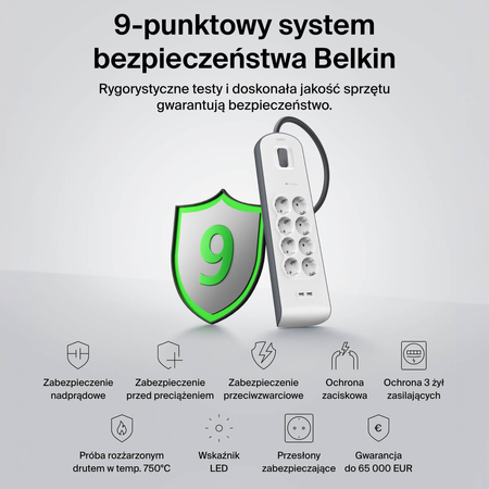 Belkin Listwa zasilająca przeciwprzepięciowa 900J, 8 gniazd Schuko, 2x USB-A, 2m (BSV804VF2M-V2)