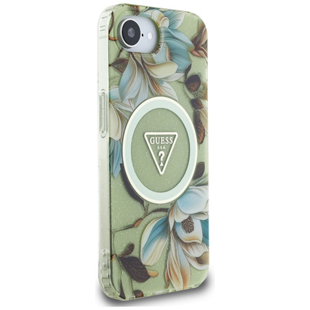 Guess IML Metal Glitter Flowers Triangle MagSafe - Etui do iPhone 16e (zielony) (GUHMPSE4HFLPEDN)