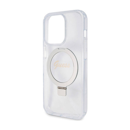 Guess Ring Stand Script Glitter MagSafe - Etui iPhone 15 Pro (przezroczysty) (GUHMP15LHRSGSD)