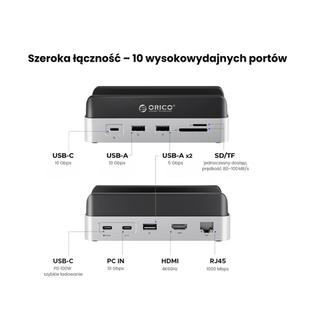 Orico Stacja dokująca do MacMini M4, USB-C 10 Gbps, z obudową M.2 NVMe, pionowa, metalowa (VS10-SV-EP)