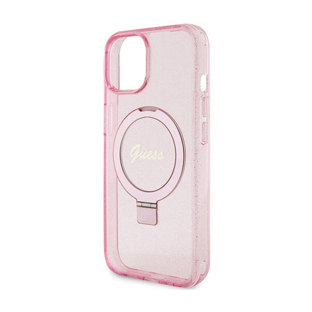 Guess Ring Stand Script Glitter MagSafe - Etui iPhone 15 Plus (różowy) (GUHMP15MHRSGSP)