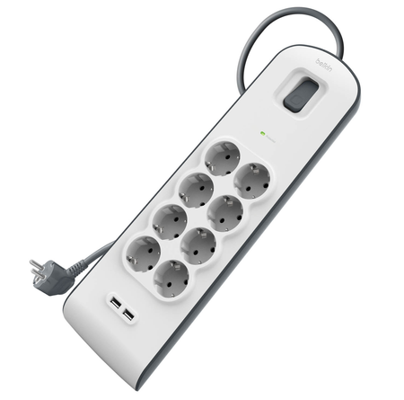 Belkin Listwa zasilająca przeciwprzepięciowa 900J, 8 gniazd Schuko, 2x USB-A, 2m (BSV804VF2M-V2)