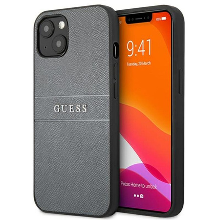 Guess Saffiano Metal Logo Stripes - Etui iPhone 13 mini (szary) (GUHCP13SPSASBGR)