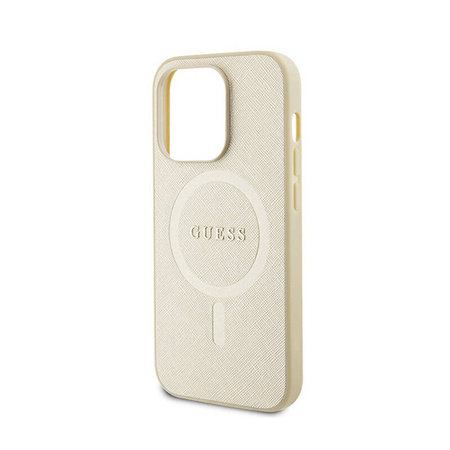 Guess Saffiano MagSafe - Etui iPhone 15 Pro (złoty) (GUHMP15LPSAHMCB)