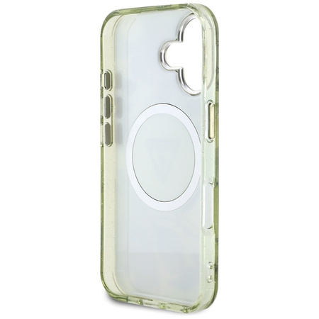 Guess Glitter Flowers Triangle Buttons MagSafe - Etui do iPhone 16 zielony (GUHMP16SHFLPEDN)