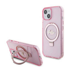 Guess Ring Stand Script Glitter MagSafe - Etui iPhone 15 Plus (różowy) (GUHMP15MHRSGSP)