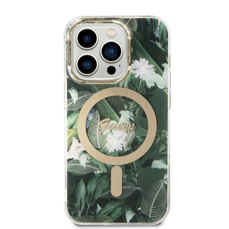 Guess Bundle Pack MagSafe IML Jungle - Zestaw etui + ładowarka MagSafe iPhone 14 Pro Max (khaki/złoty) (GUBPP14XHJEACSA)