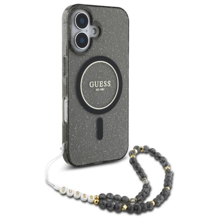 Guess IML Glitter With Pearl Strap MagSafe - Etui iPhone 16 (czarny) (GUHMP16SHGCRELSK)