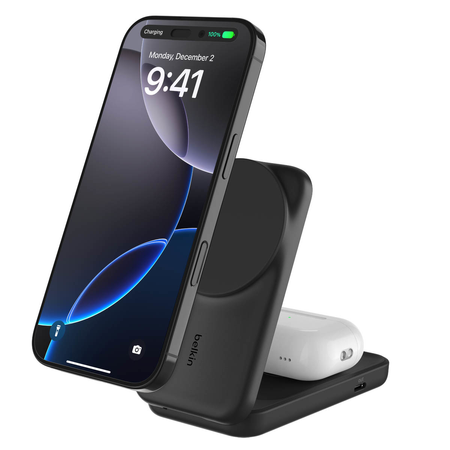 Belkin Ładowarka magnetyczna Qi2 25W, składana 2w1, zasilacz 45W, czarna (WIZ038KQBK)