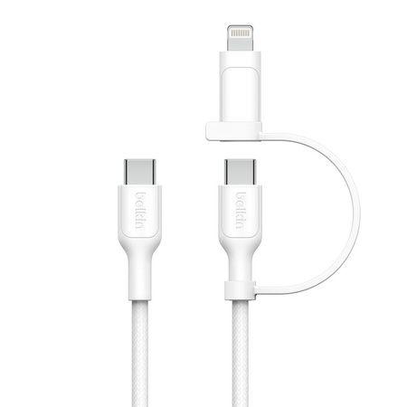 Belkin Kabel 2 w 1 ze złączami USB-C i Lightning, 60W, oplot, 1,5m, biały (CAC003HQ1.5MWH)