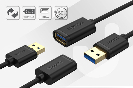 Unitek Kabel Przewód Przejściówka Przedłużacz USB-A 3.0 AM-AF 0,5m Czarny (Y-C456GBK)