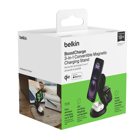 Belkin Ładowarka magnetyczna 3w1, składana, Qi2 15W, zasilacz 36W, czarna (WIZ034KQBK)