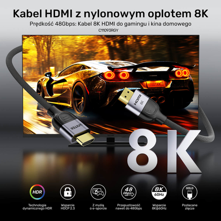 Unitek przewód 8K LUX HDMI 2.1 oplot 5 M (C11093RGY01-5M)