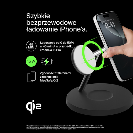 Belkin Stacja do ładowania bezprzewodowego na iPhone, Apple Watch, AirPods, Qi2 15W, czarna (WIZ032KQBK)
