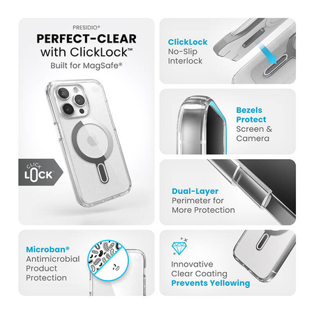 Speck Presidio Perfect-Clear ClickLock & Magsafe - Etui iPhone 15 Pro (Clear / Chrome Finish / Serene Silver) (150449-3199)