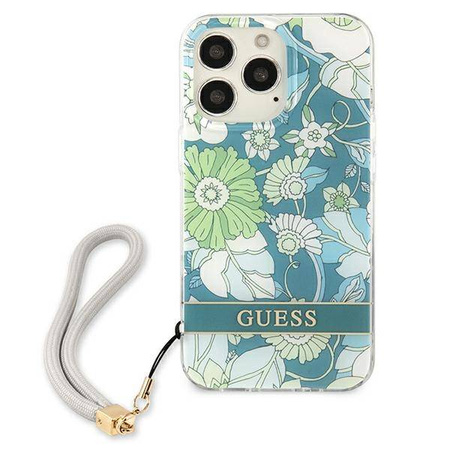 Guess Flower Cord - Etui ze smyczką iPhone 13 Pro Max (Green) (GUHCP13XHFLSN)