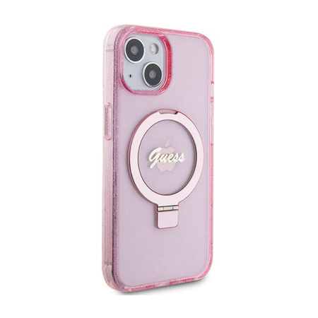 Guess Ring Stand Script Glitter MagSafe - Etui iPhone 15 Plus (różowy) (GUHMP15MHRSGSP)