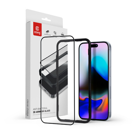 Crong Anti-Bacterial 3D Armour Glass - Szkło hartowane 9H Full Glue do iPhone 16 Pro Max + ramka instalacyjna (CRGAB3DAGIP1669PM)