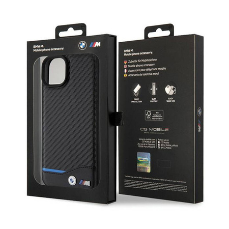 BMW Leather Carbon Blue Line - Etui iPhone 15 Plus (czarny) (BMHCP15M22NBCK)