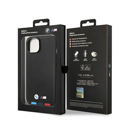 BMW Leather Hot Stamp Tricolor MagSafe – Etui iPhone 14 (Czarny) (BMHMP14S22PTDK)