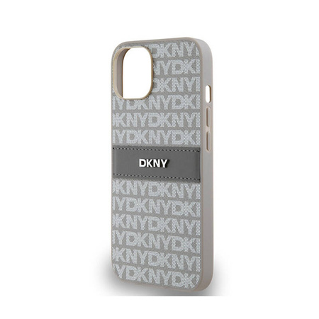 DKNY Leather Mono Stripe & Metal Logo - Etui iPhone 14 / 15 / 13 (beżowy) (DKHCP14SPRTHSLE)