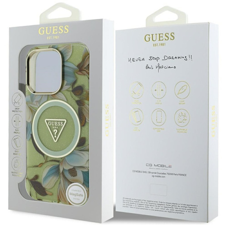 Guess Glitter Flowers Triangle Buttons MagSafe - Etui do iPhone 16 Pro Max (zielony) (GUHMP16XHFLPEDN)
