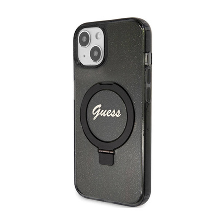 Guess Ring Stand Script Glitter MagSafe - Etui iPhone 15 (czarny) (GUHMP15SHRSGSK)
